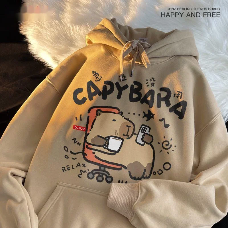 

Kapibara Cute Fleece Hooded Pullover Sweatshirt Trendy Couple's Autumn-Winter Warm Sweatshirts Stylish Casual Loose-Fitting Top