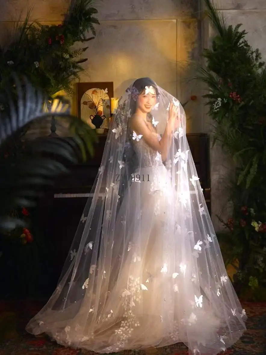 Свадебное белое трехмерное вуаль-бабочка, основное свадебное платье, тяжелая промышленность, жемчужная роскошная мягкая пряжа большого размера со шлейфом