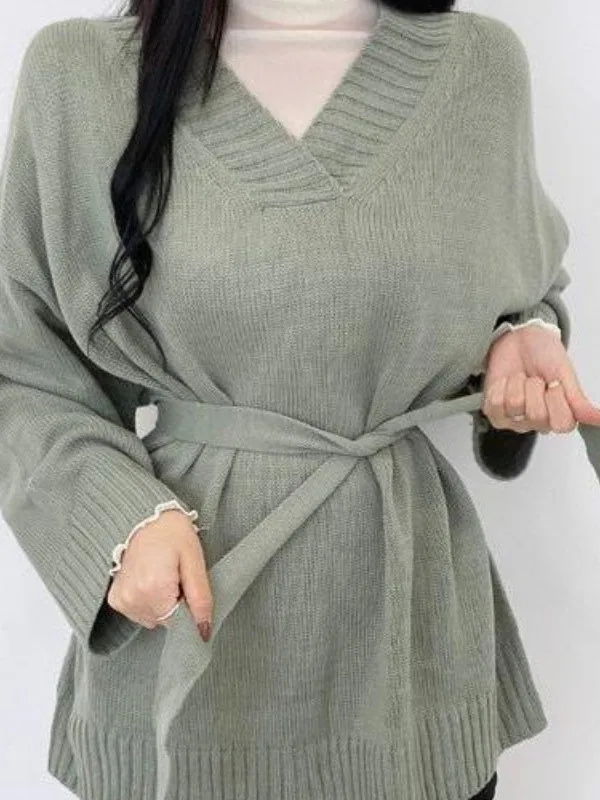 Schicker Sommer Vintage V-Ne Loose Lazy Knitwear Damen mittellanger Schlankheitspullover mit Gürtel, bequem, lang, Sve-Farbe