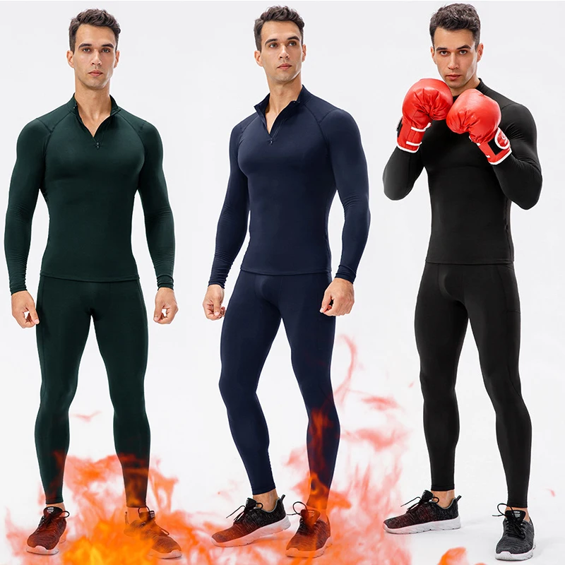 Men Fleece Lined Thermal Underwear Set Motorcycle Skiing Running Base Layer Winter Warm Long Johns Shirts & Tops Bottom Suit