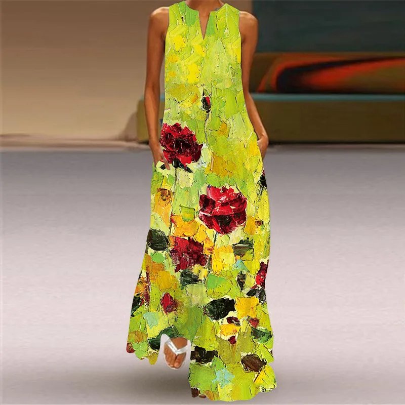 Retro Party Style Robe Holiday V Collar Sexy Sunflower Printing Dresses Elegant Women's Boho Beach Faldas Largas Vestidos Robe