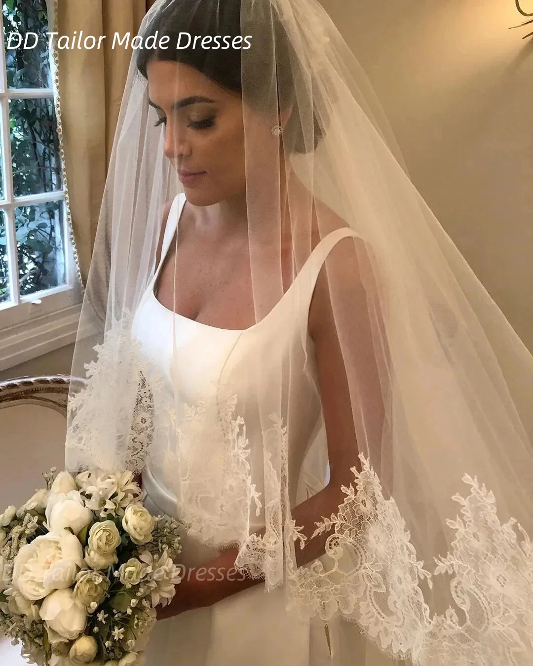 

Stylish A-Line Wedding Dress Square Neck Spaghetti Straps Satin Bridal Gown Simple Satin Long Vestidos De Novia Customized