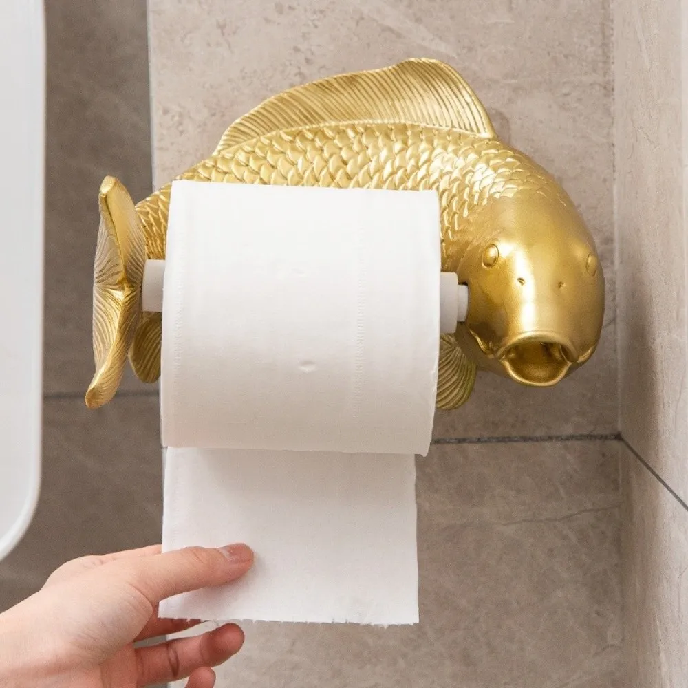 Golden Carp Toilet Paper Roll Holder Wall-Mounted Waterproof Plastic Bathroom Tissue Dispenser Punch-Free Vintage view 4