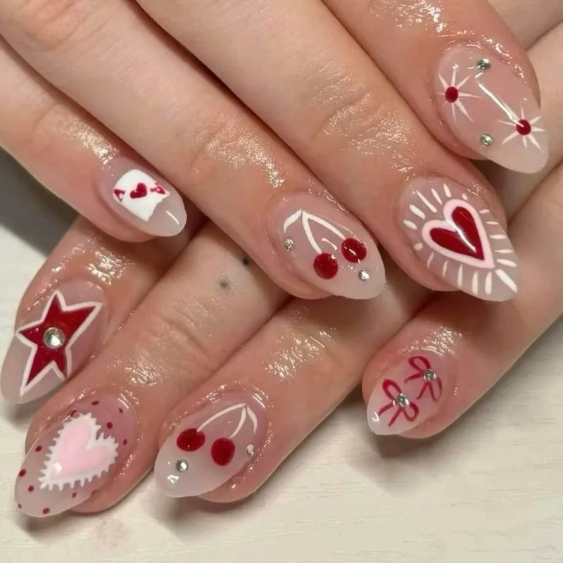 

24PCS Luxury Bow and Cherry False Nails Almond Shape Press on Nails Advanced Sweet Cute Style for Women Glamorous Manicure 일본네일