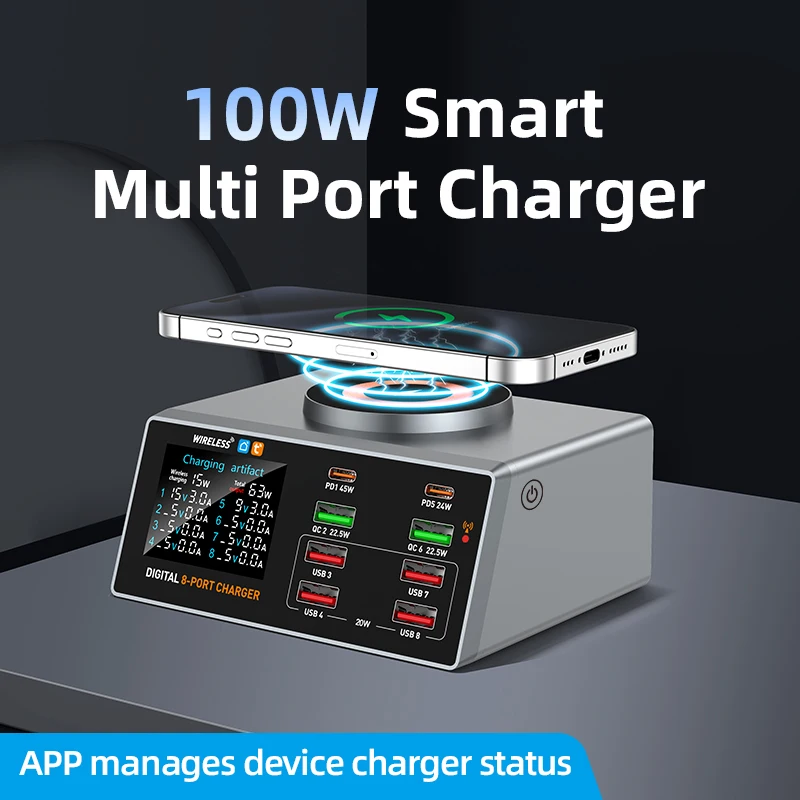 

8 Port USB PD QC Charger Type C Smart intelligent digital wireless charger with tuya Smart Life, for iPhone 16 Pro WLX-X9A