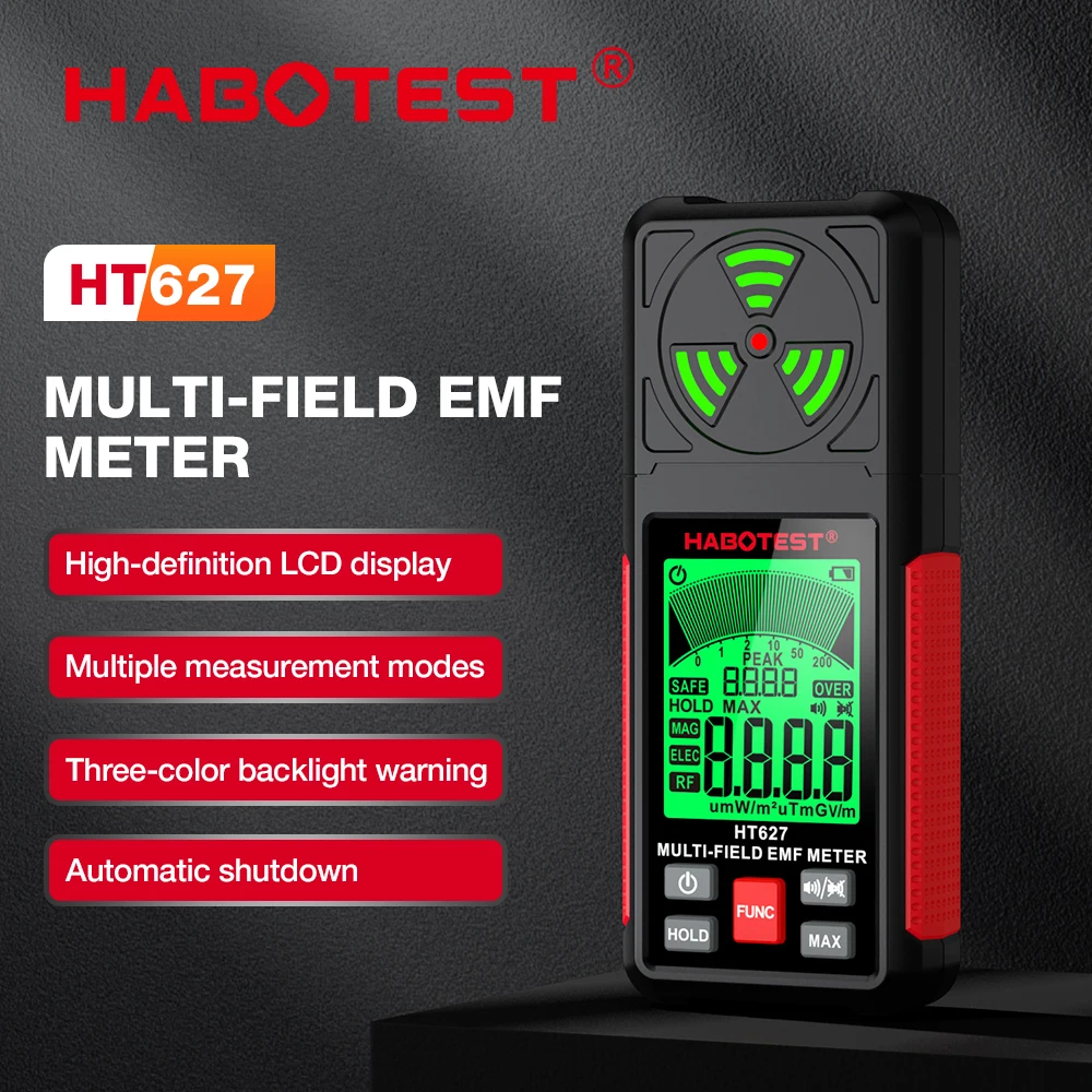 EMF-Messgerät HT627 – 3-in-1 Strahlungsdetektor Für Magnetfeld, Elektrisches Feld & HF, Mit Alarm & Peak-Hold