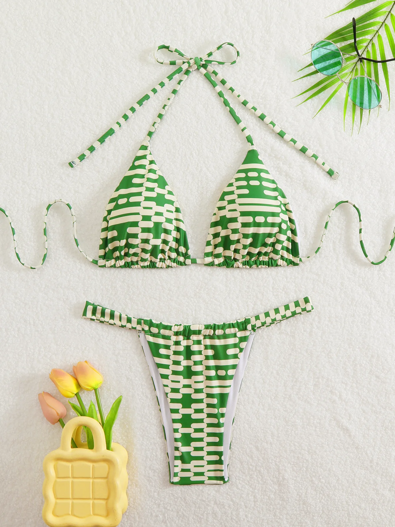 مثير الأخضر طباعة البيكينيات الصغيرة مجموعات قطعتين الرسن ثونغ المايوه ملابس السباحة conjunto دي بيكيني Tankini بحر biquini #1