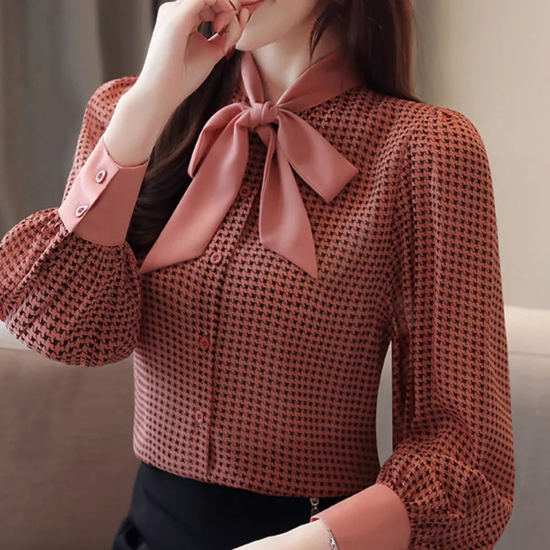 womens tops and blouses long sleeve women shirts fashion bow collor office blouse women plaid chiffon shirt female top clothe