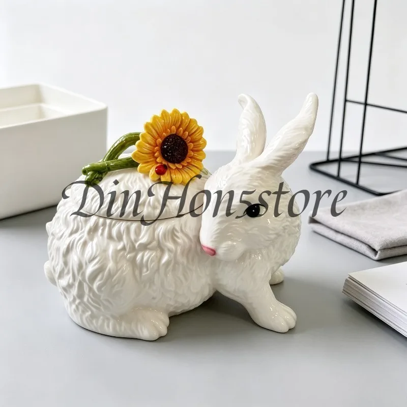 Easter Ceramic Storage Canister Jar, Sunflower Bunny Cookie Container for Kitchen Decor, Cute Holiday Gift Box with Lid.