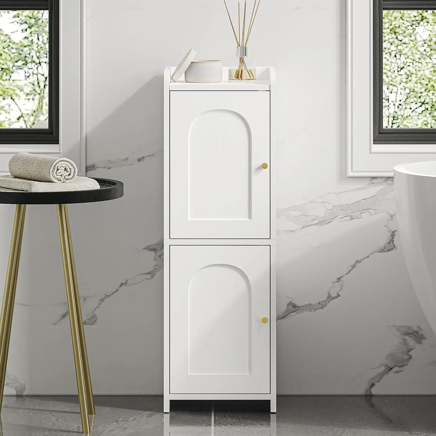 

Bathroom Storage Cabinet, Small Corner Floor Cabinet with 2 Doors and Adjustable Shelf, Narrow Toilet Paper Cabinets, Ba