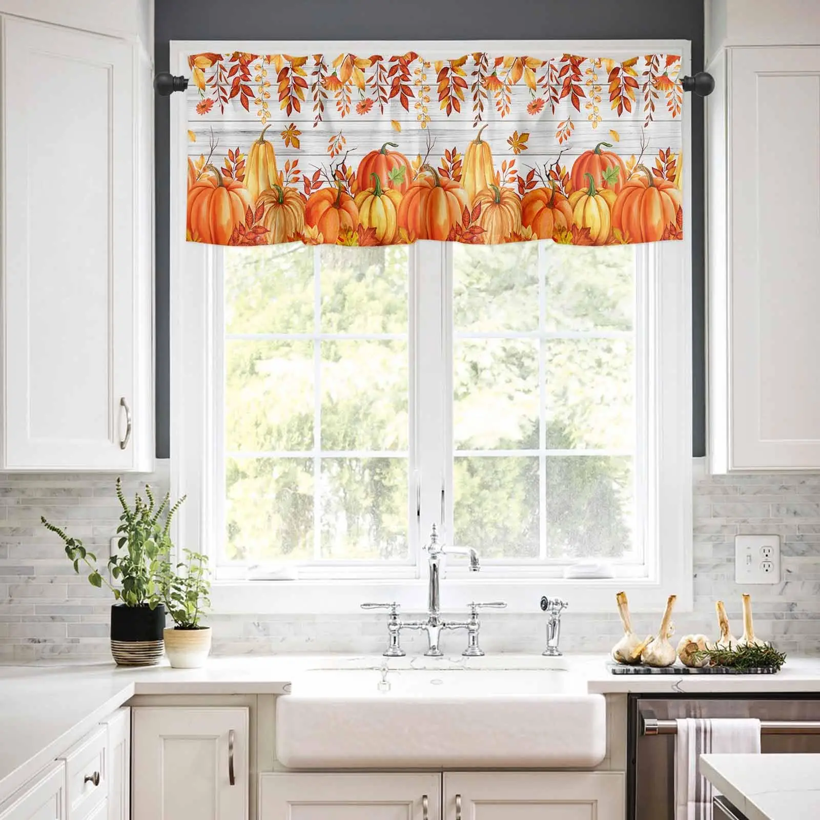 2 Pack Kitchen Valance Curtains  Pumpkin Thanksgiving Autumn Leaf  Country Orange Window Curtains 54x18 inches, Short Curtains