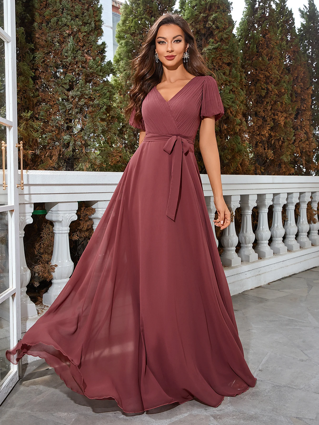 Unithorse Short Sleeve Ruched Bust Belt Decorated Chiifon Bridesmaid Dress