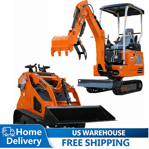 1 Ton Mini Excavator and Skid Steer Loader Bundle 2 in 1 Compact Digger Small Crawler for Farm Garden Construction Orange Color
