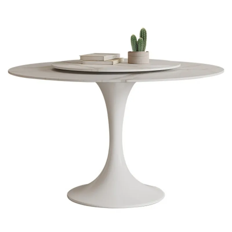 

Pure white slate round dining table and chairs combination turntable modern simple white dining table home light luxury round