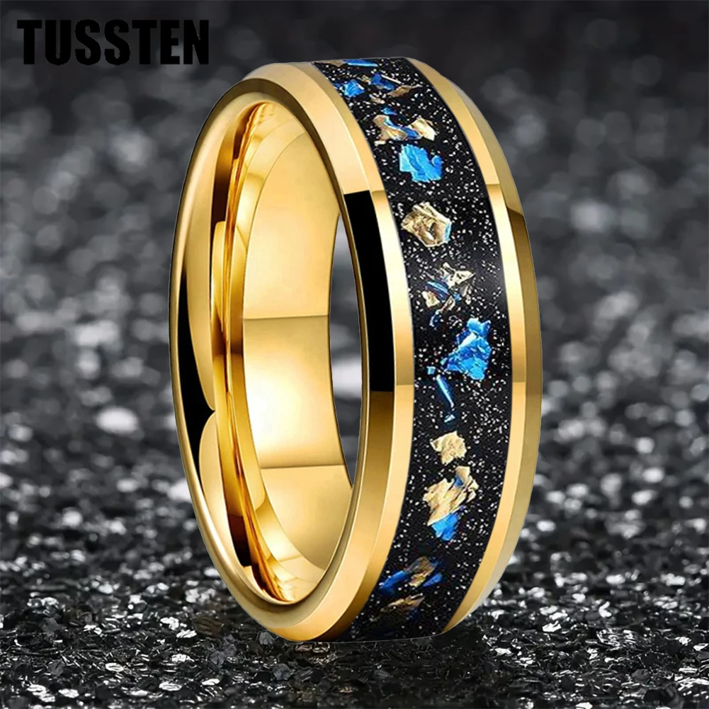 TUSSTEN 6/8MM Black Tungsten Ring for Men Women Blue Gold Foil Inlay Wedding Band Beveled Edges Polished Shiny