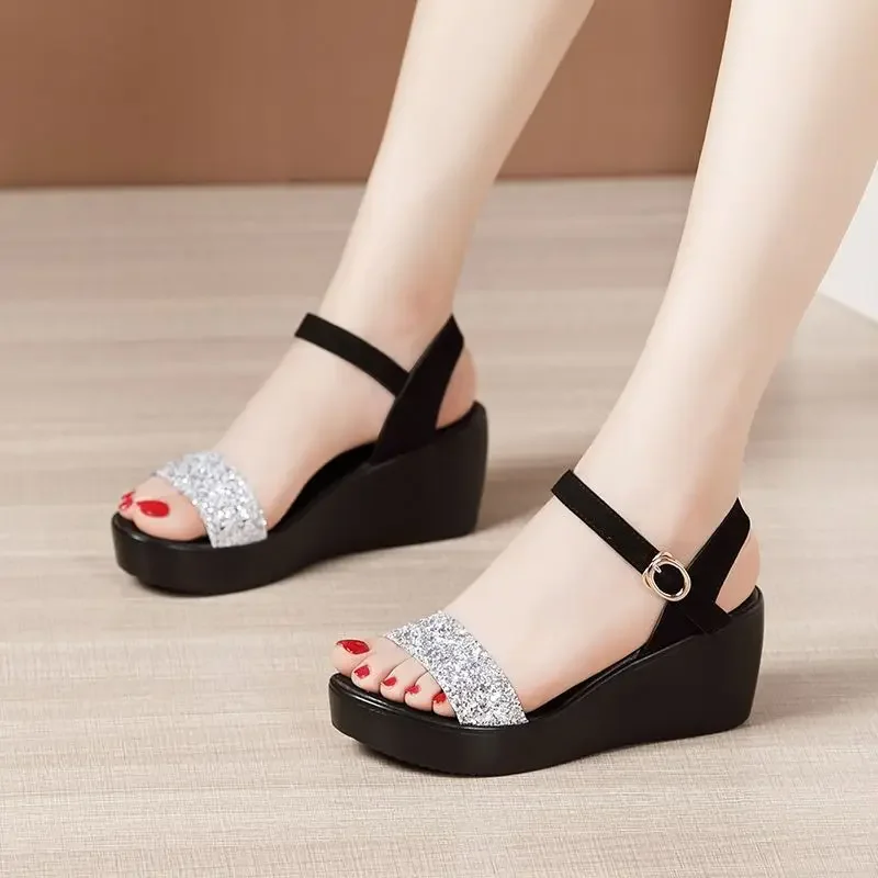 Women\'s Sandals Wedges Heel Rhinestones Diamond Platform Ladies Shoes New Breathable Fashion Summer 2024 Offers Sales Luxury