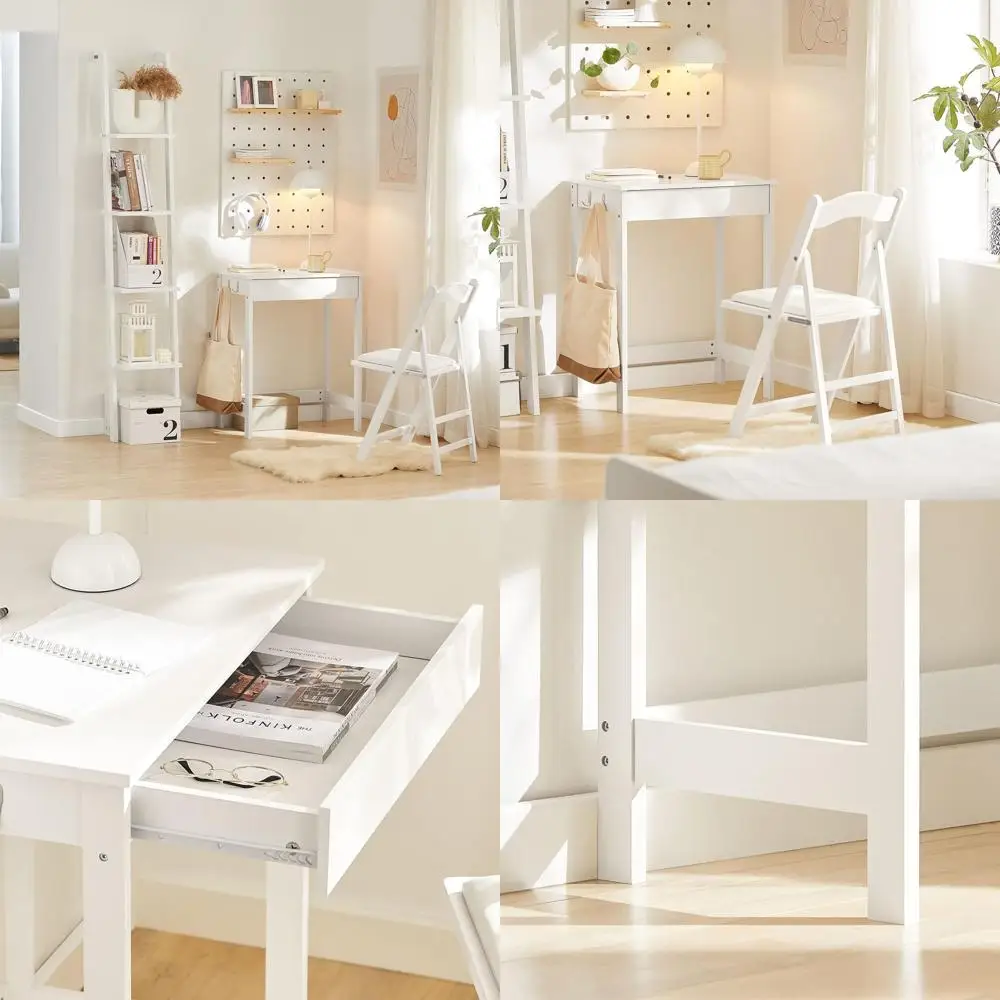 

Compact White Desk with Drawers and Hooks, Ideal for Kids and Teens' Study Area