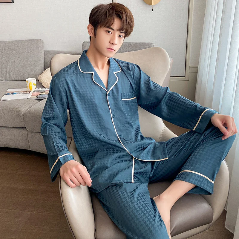 

Lisacmvpnel Men's Spring Long Sleeve Ice Silk Pajama Set Jacquard Thousand Bird Lattice Large Size Can Be Worn Out Home Clothes