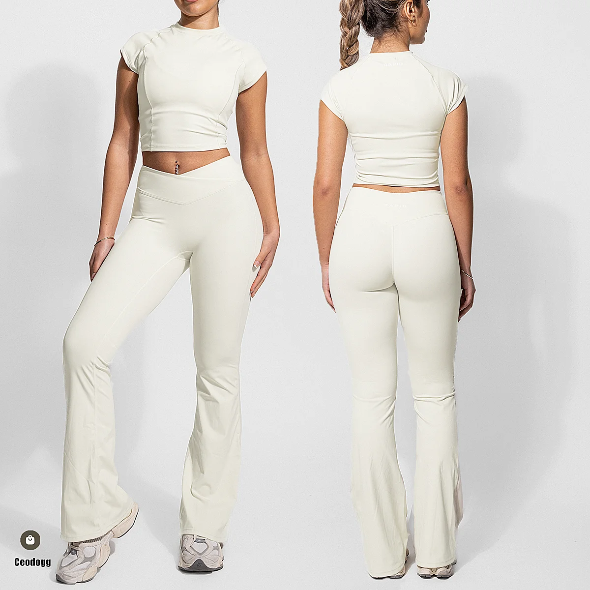 

Women 2PCS Gym Yoga Set Tight Fitting Sports Set Workout Breathable T Shirts Bra Short Sleeve Crop Top Bottoms Leggings XP199