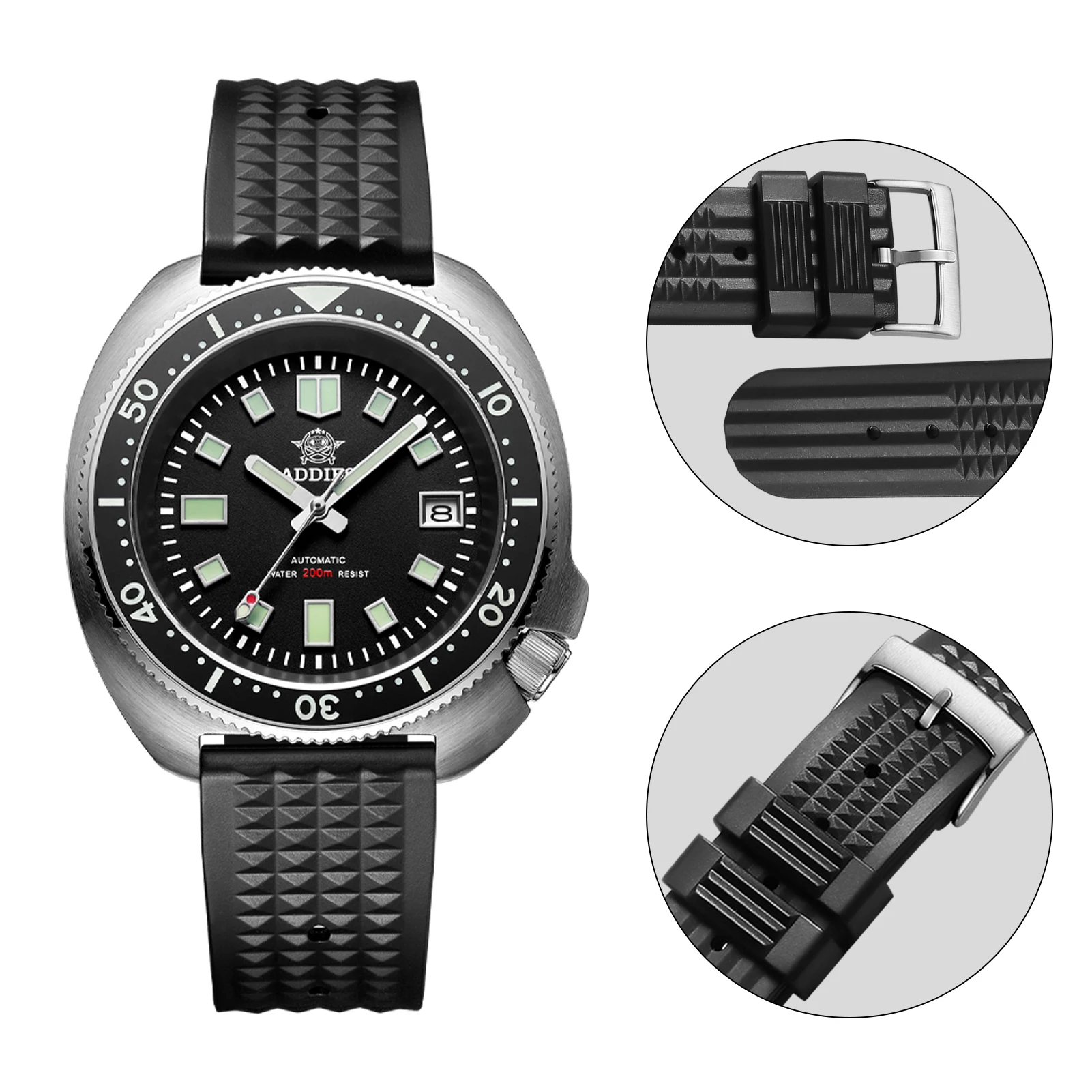 ADDIESDIVE Diver\'s Soft Rubber Waffle Strap Universal 20mm Black Rubber Sports Watchband for Analog Watches Waterproof Bracelet