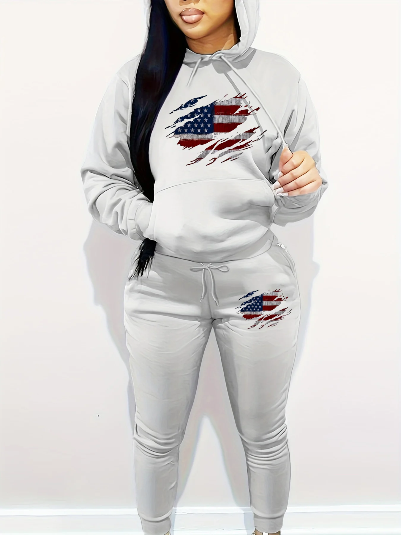 

Women's autumn and winter fashion casual hip-hop street American flag pattern print warm hooded sweatshirt+sports pants set