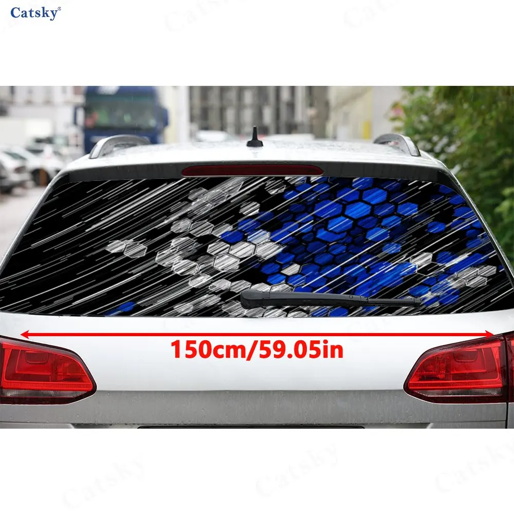 Dynamic Blue Hexagon PVC Perforated Car Rear Window Vinyl Wraps, Durable Waterproof Car Rear Windshield Sticker