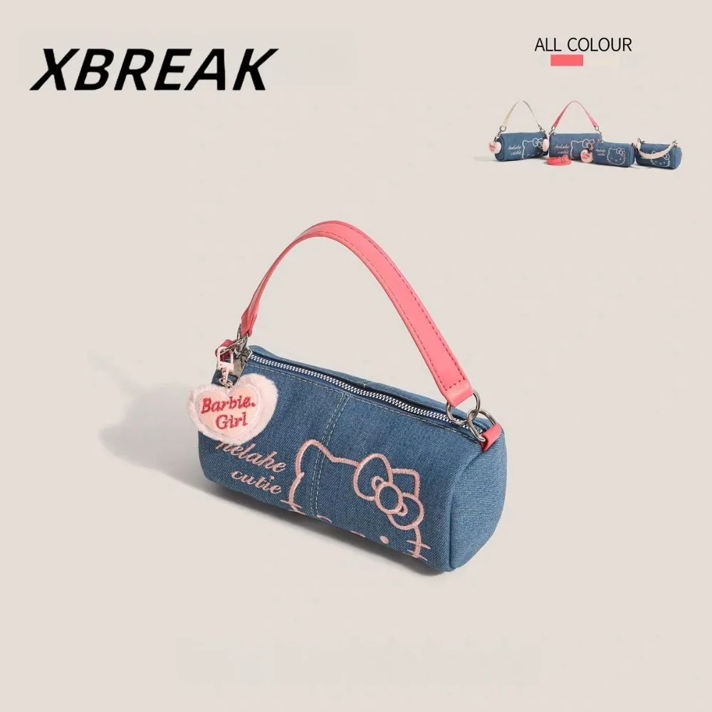 Kawaii HelloKitty حقائب النساء الدنيم حقيبة يد الكرتون حمل اسطوانة حقيبة الكتف حقيبة كروسبودي الفتيات المحفظة هدايا عيد الميلاد