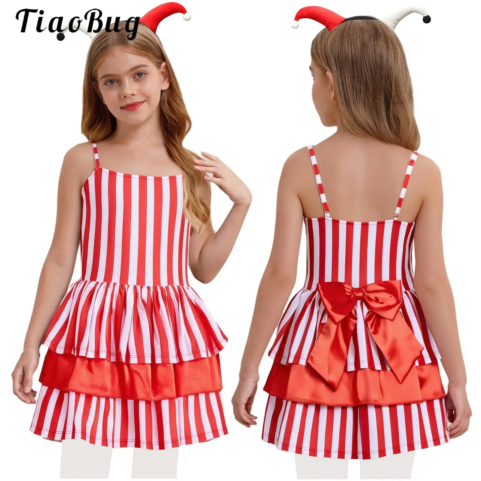 

Red Striped Clown Costumes for Girls Fancy Tutu Dress Up Joker Dress Halloween Carnival Party Performance Stage Dance Outfit