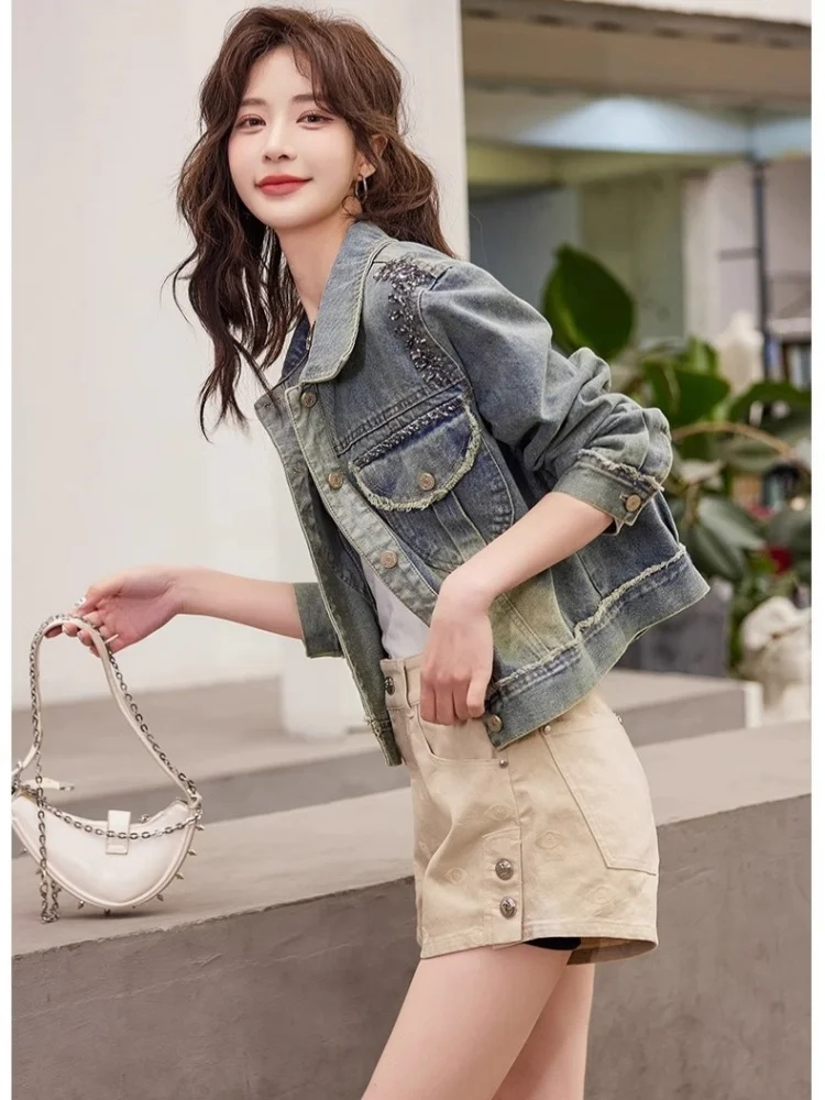 SMTHMA High-Quality Retro Fringed Luxury Pearl Denim Short Jacket Women\'s Clothing 2026 New Spring Autumn Casual Soft Jacket Top