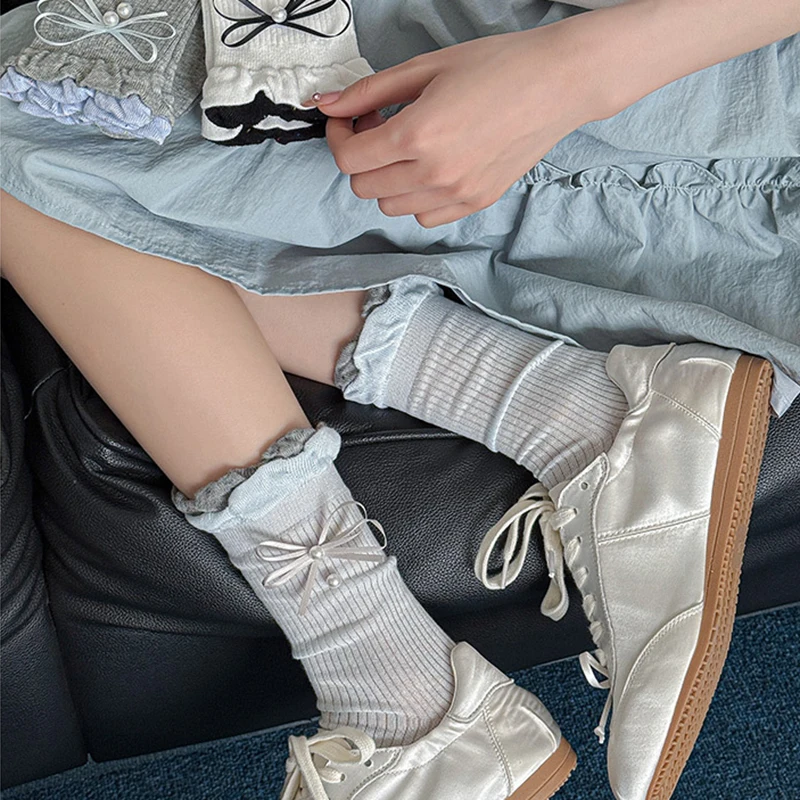 1/2 pares feminino flor afiado pérola meados de tubo meias de algodão moda arco ballet estilo absorção de suor respirável meias casuais