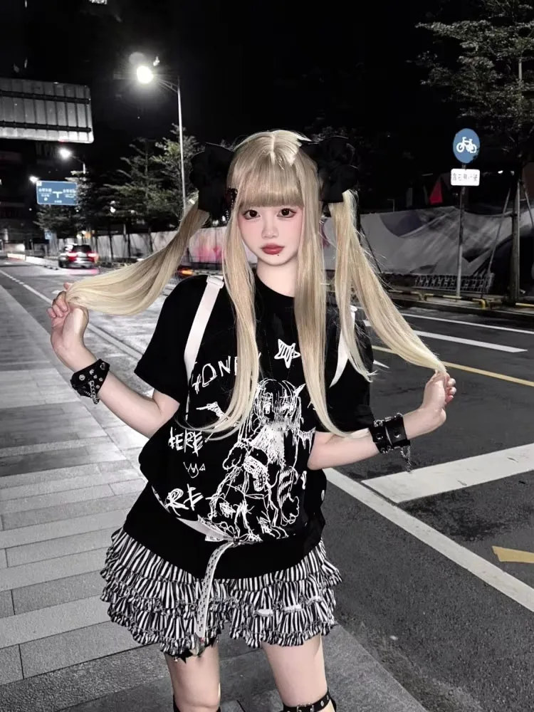 

American Vintage Graffiti Hand-painted Printed T-shirt 2025 Summer New Cotton Tee Shirt Y2k O-neck Short Sleeve Loose Tops