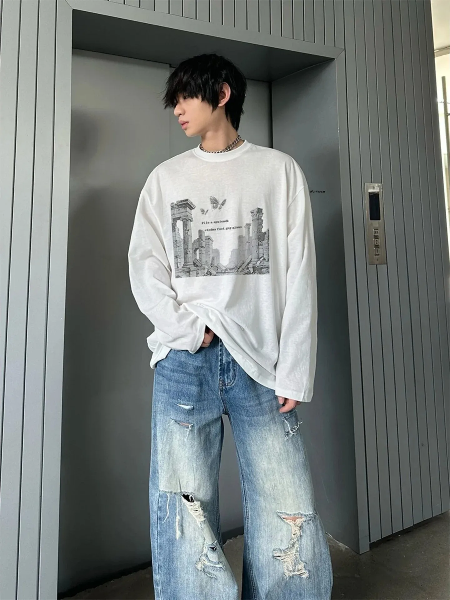 American Retro Long Sleeve T-Shirt Men's Loose Thin Sun Protection Cover up White Inner Shirt Base Layer Top Loose Fit Youth ...