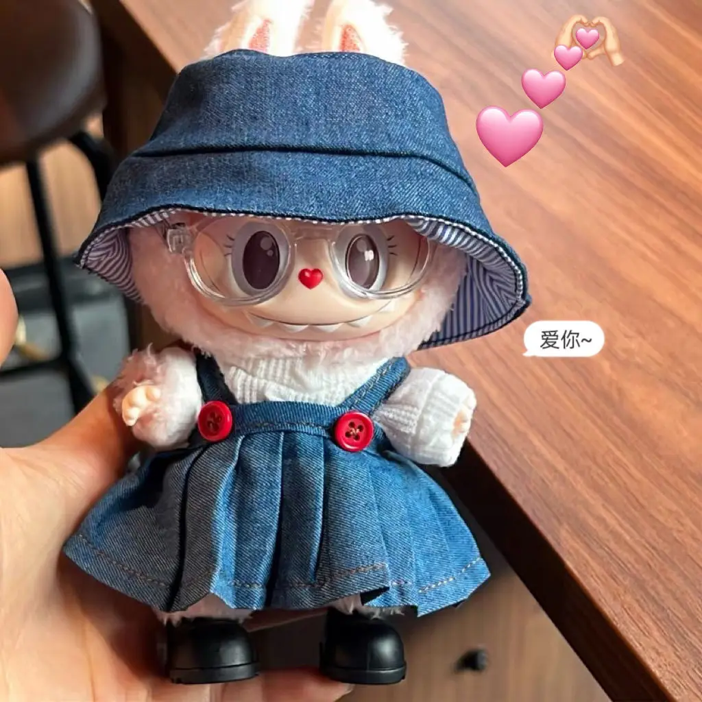 

Clothes for Labubu Doll Trendy Denim Pinafore Set Navy Fisherman Hat Glasses Shoes for 1-3 Generation Vinyl Figure Outfit