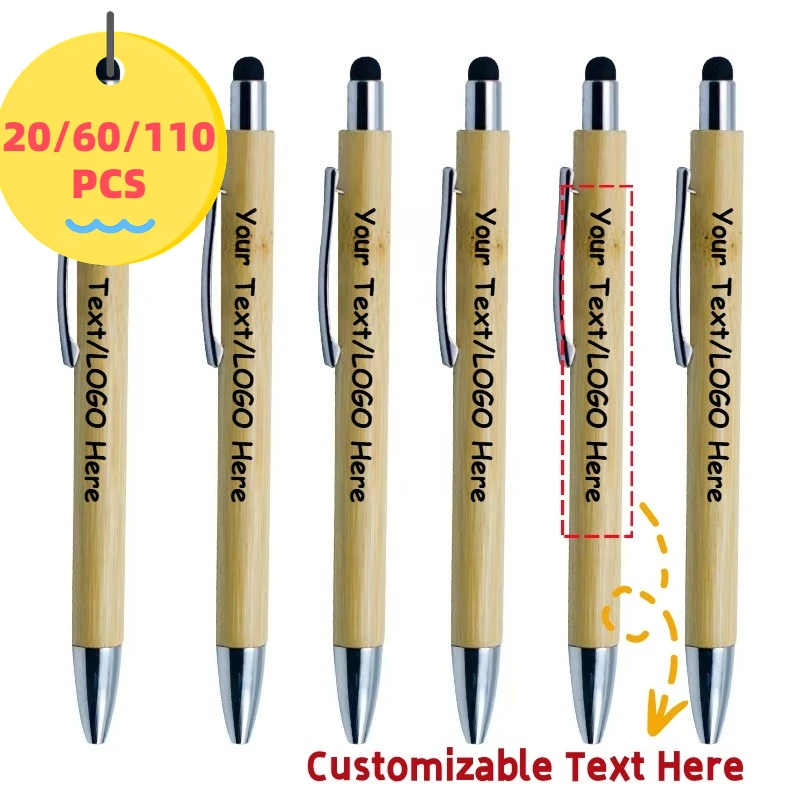 20/60/110PCS Customizable Engraved Bamboo Ballpoint Pens 2-in-1 Stylus for Touch Screens Personalized LOGO Retractable Pens