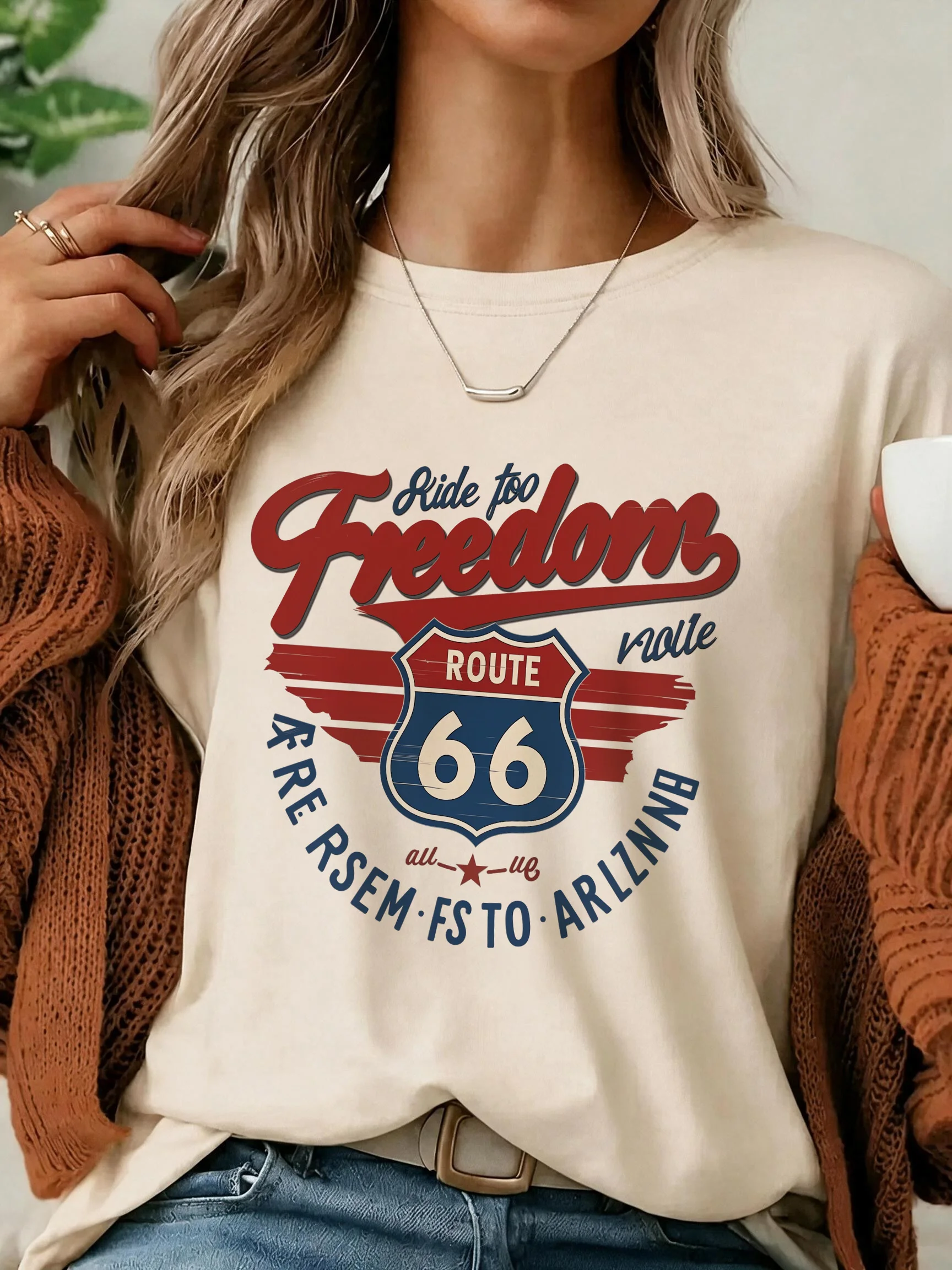 Women's Freedom Journey Route 66 Vintage Letter Shield Print Short Sleeve T-Shirt Casual Trendy Khaki T Shirt Clothes Daily Wear