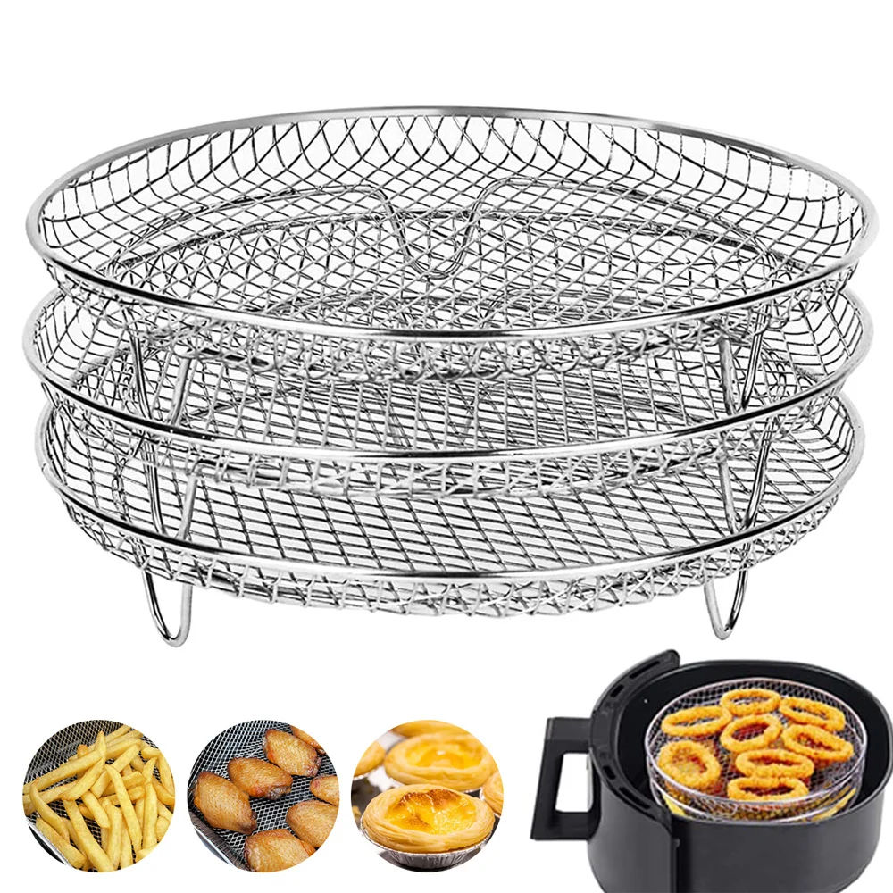 Rejilla apilable de acero inoxidable de 3 niveles para freidora de aire, para asar, secar y cocinar al vapor, para cesta y bandeja de freidora de aire, accesorios para freidora de aire