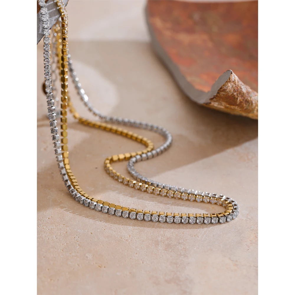 Yhpup Luxury Shiny Cubic Zirconia Chain Necklace Delicate Stainless Steel High Quality Premium Jewelry Accessories