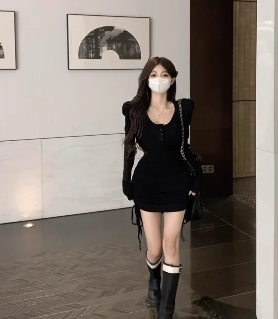 Vestidos de manga comprida vestido feminino dama de honra outono modal plissado frisado suporte pescoço estilo minimalista calor artístico em camadas chique