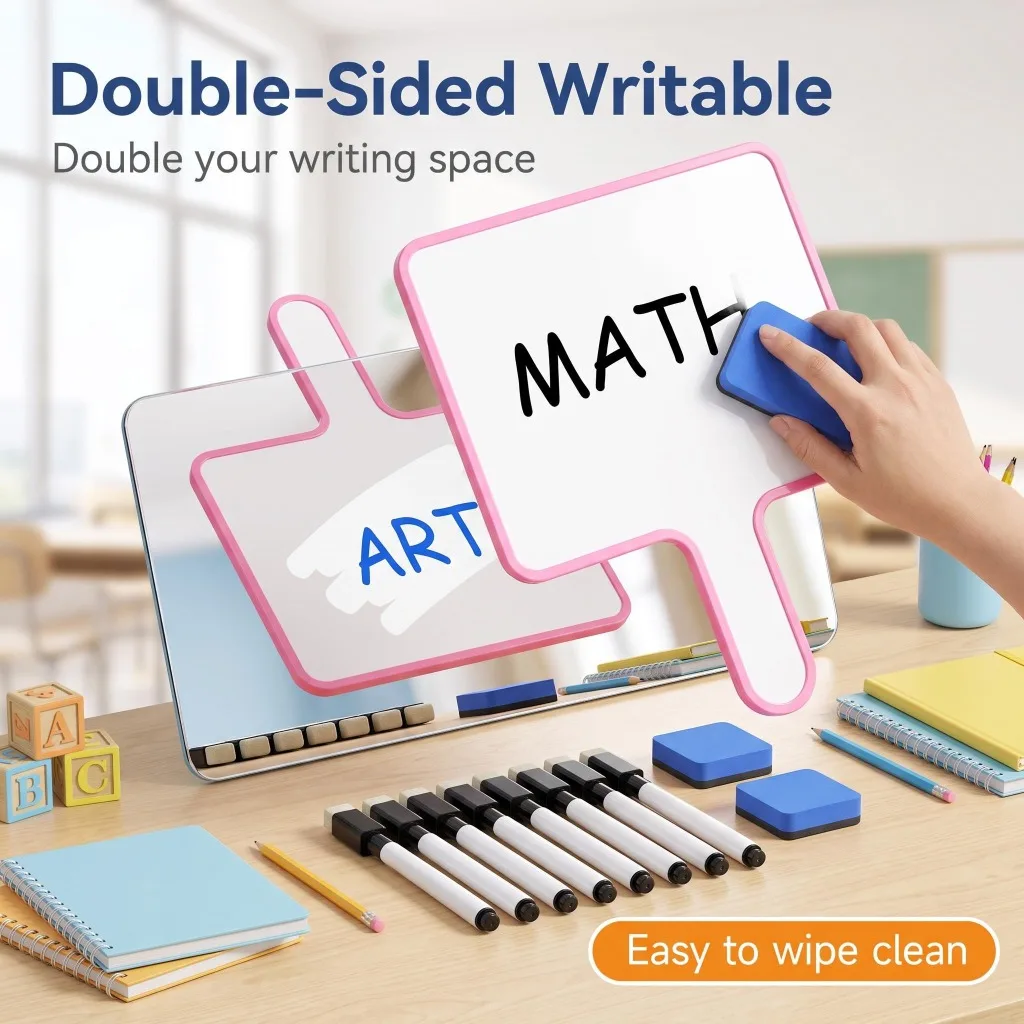 Handheld Dry-Erase Whiteboard Set with Handle, Mini Portable Erasable Board, Markers & Erasers Included for Office Home Use