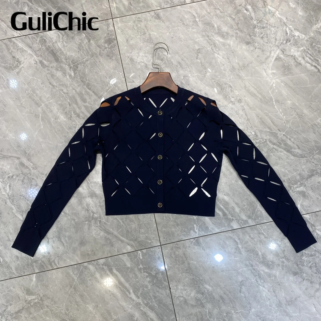 1.8 GuliChic Sexy Temperament Hollow Women's Dresses Solid Color Elegant 2024 Spring Design Office Ladies Fashion Womne Clothing