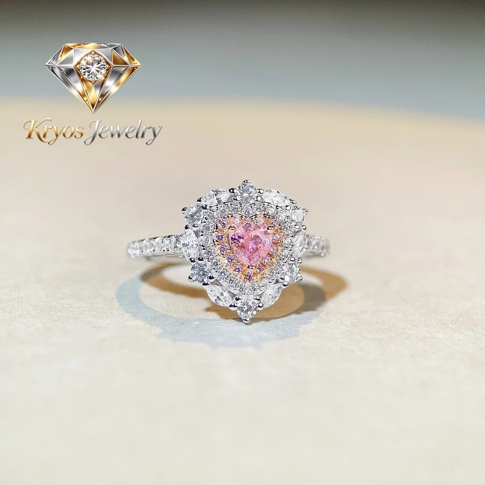 

Kryos Jewelry Luxury white gold solid platinum PT950 Women's Love Ring Women's Simple Cute Simple Style Peach Heart Powder Diamo