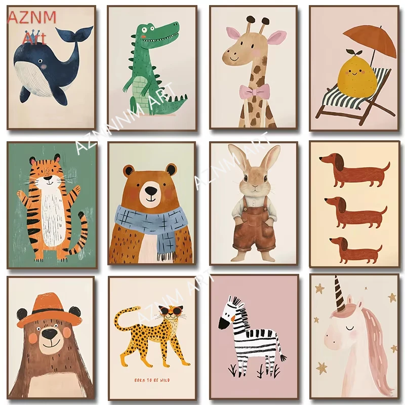 Cute Animal Illustration Poster Unicorn Bear Tiger Dachshund Dog Giraffe Canvas Painting Print Nursery Wall Art Kids Room Decor