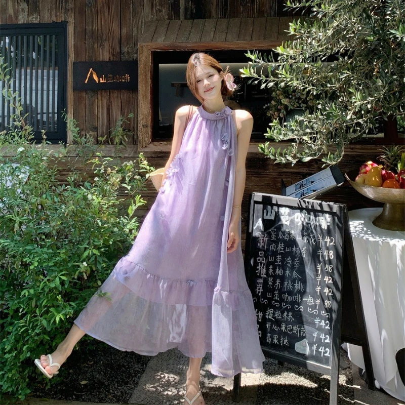 French-style Elegant Floral Halter Dress for Women 2026 Summer New Fashion Purple Sleeveless Niche Design Loose Long Dress