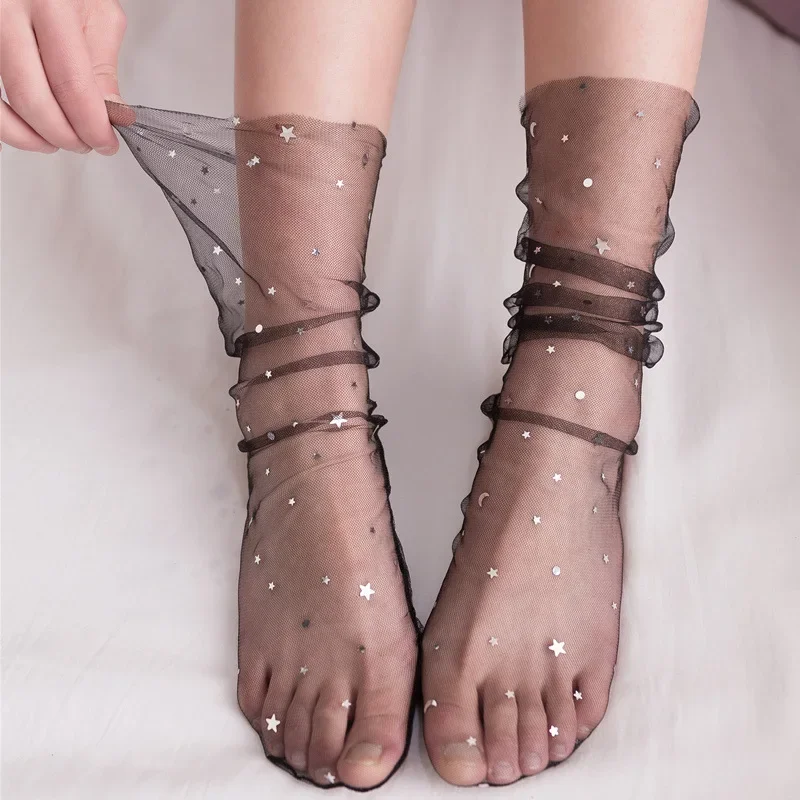 Stars Lace Mesh Transparent Socks Women Transparent Mesh Ankle Socks Lady Ultra-Thin Princess Tulle Socks Streetwear Summer 2025