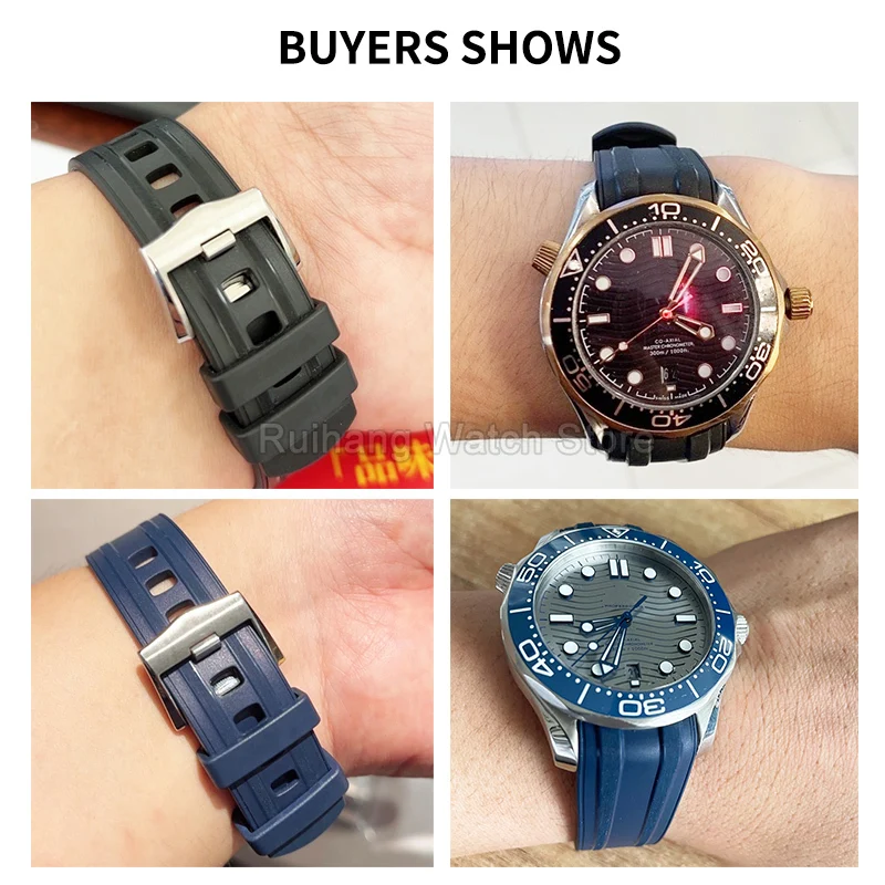 سوار من السيليكون بواجهة منحنية 20 مشبك خاص باللون الأسود والأزرق لساعة أوميغا ساماستر قابلة للتنفس ومقاومة للعرق وناعمة الملمس