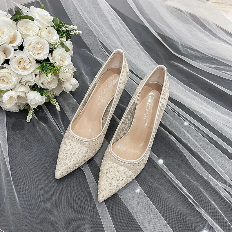 Bridal Shoes Lace Heel Bling Bling Lace-Up Pointed Pumps Sandals Ladies Slip On Bride Casual Gold Toe African Fine Slip-On Beige