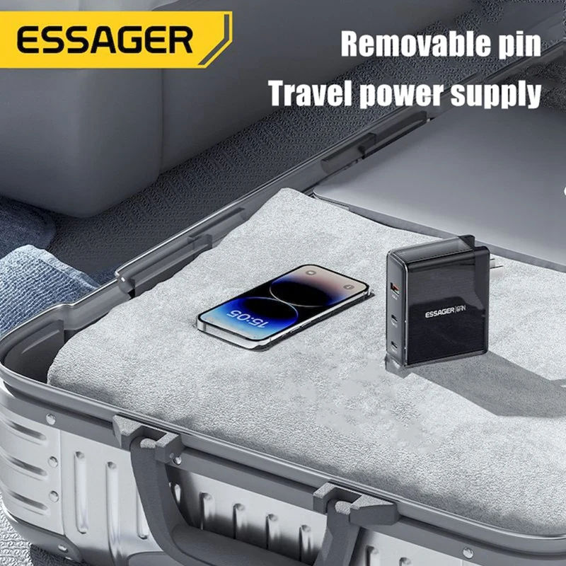Essager 100W GAN USB Type C ที่ชาร์จแบบตั้งโต๊ะชาร์จเร็วที่ชาร์จแบบหลายพอร์ต ABS + PC สำหรับโทรศัพท์ iPhone Xiaomi ปลั๊กแบบ US