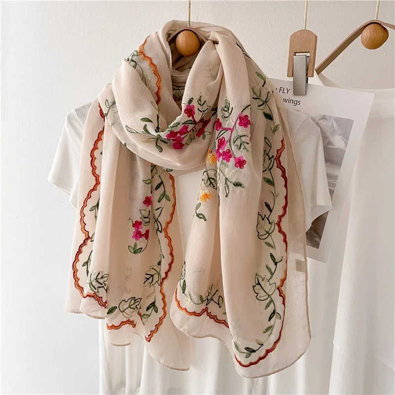 

Spring Autumn Embroidered Flower Cotton Linen Scarf Air Conditioned Room Summer Sun Protection Dual Purpose Silk Scarf Women ...