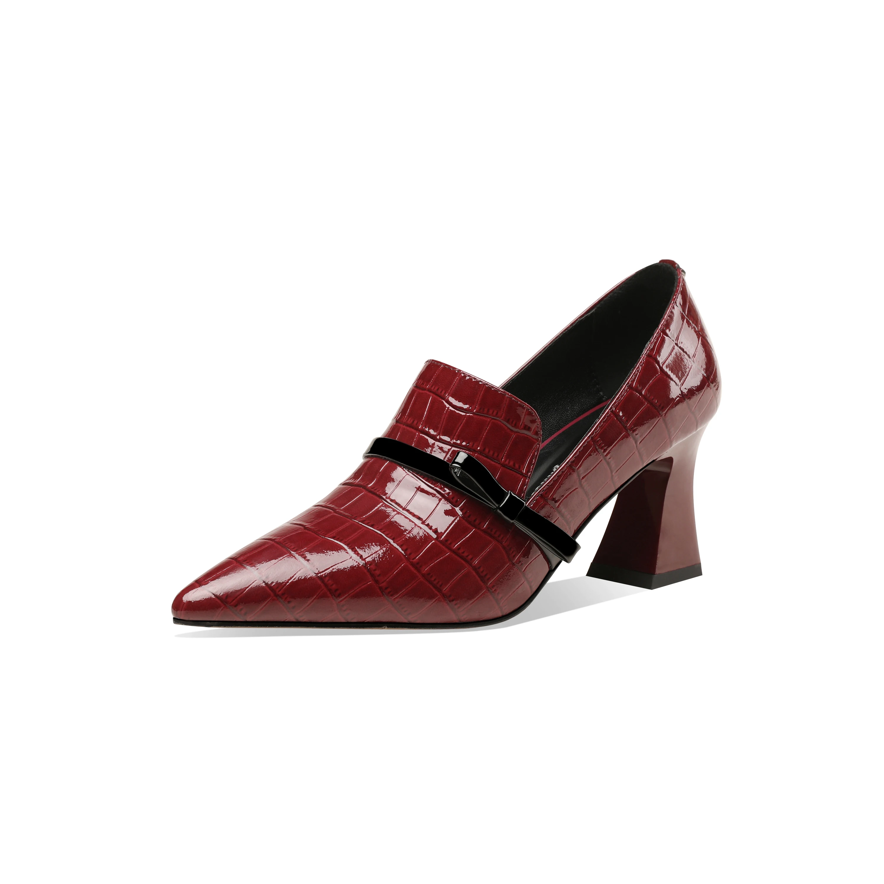 Mstyle Bamboo Like Patent Leather Cute Bowtie Loafer Pumps High Spool Heel Pointed Toe Black Wine Red Handmade Lady Heeled Shoes