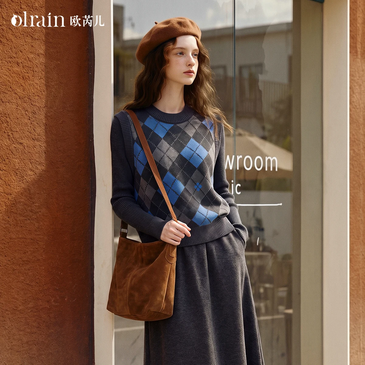 OLrain vest women's clothing 2026 autumn and winter new retro college style gray front shoulder hair knitted vest O58QJ013196